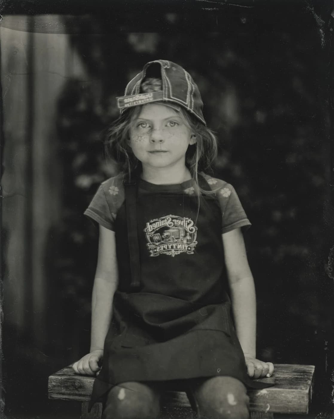 Handmade tintype portrait of a child wearing a hat.